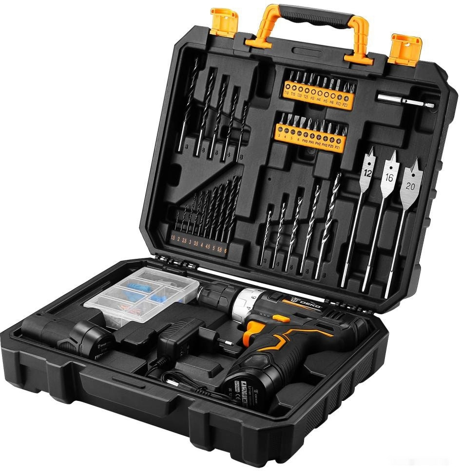 Дрель-шуруповерт Deko GCD12DU3 SET 5 063-4147 (с 2-мя АКБ, кейс, набор оснастки)