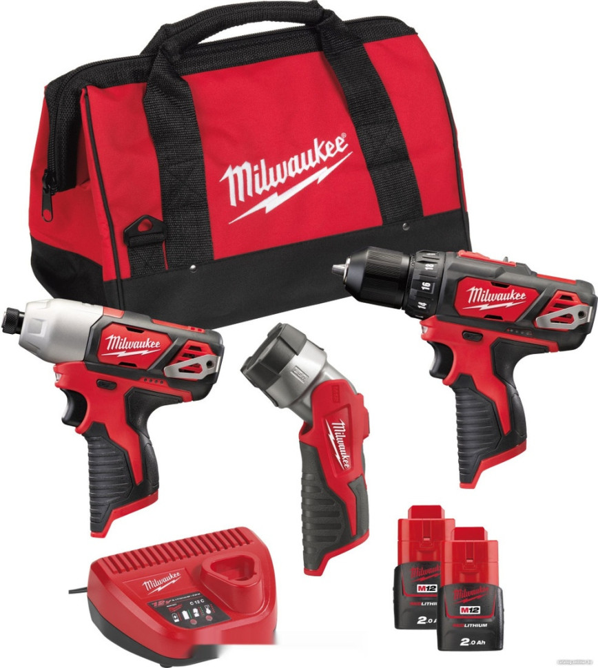 Milwaukee М12 ВPP3А-202B 4933441225 (шуруповерт, винтоверт, фонарь, 2 АКБ, сумка)