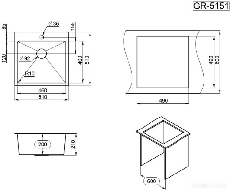 Кухонная мойка Granula GR-5151 (графит матовый)