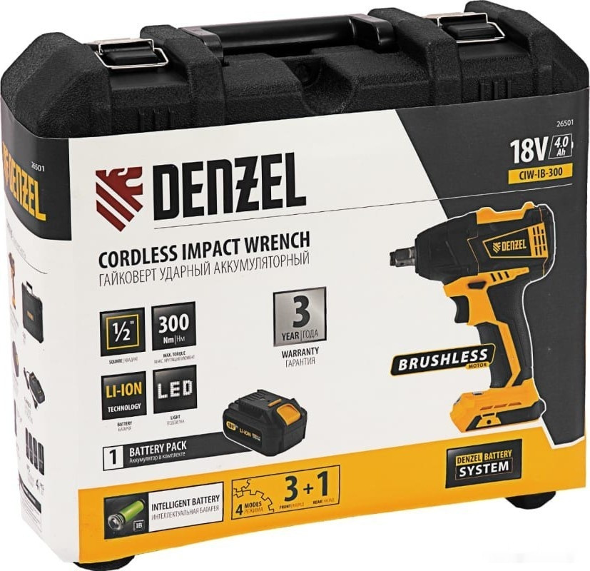 Гайковерт Denzel CIW-IB-300 26501 (с 1-им АКБ, кейс, набор оснастки)