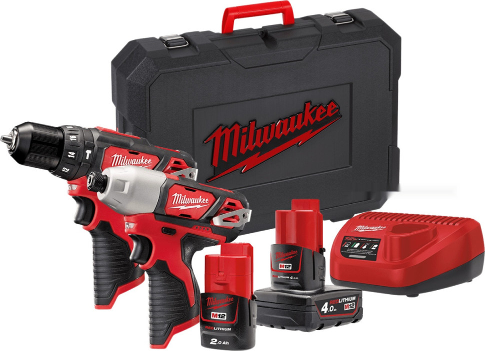 Набор аккумуляторного инструмента Milwaukee M12 M12BPP2B-421C 4933443497 (шуруповерт, винтоверт, 2 АКБ, кейс)