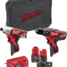 Набор аккумуляторного инструмента Milwaukee M12 M12BPP2B-421C 4933443497 (шуруповерт, винтоверт, 2 АКБ, кейс)