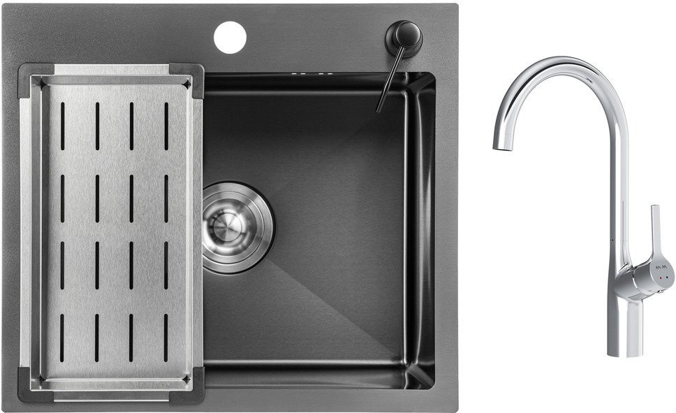 Кухонная мойка Saniteco 5045 Nano + Spike F9S07000 (хром, с сифоном, дозатором и коландером)