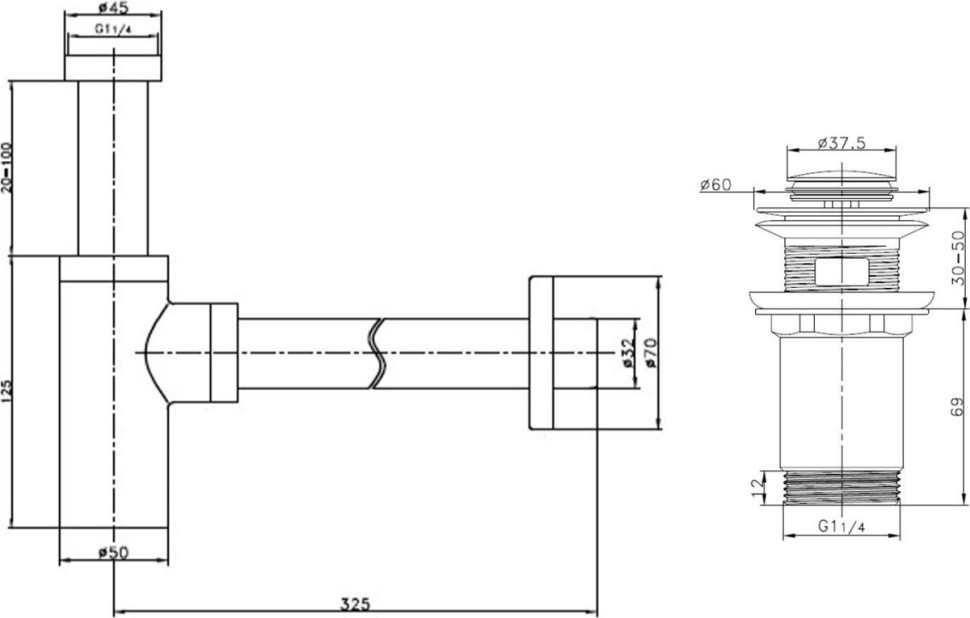 Умывальник Lauter 21674B + клапан 21190B + сифон 21635B (черный матовый)