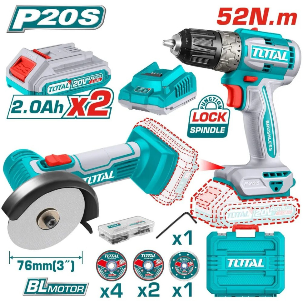 Total TCKLI20278 (шуруповерт, болгарка, 2 АКБ, кейс)