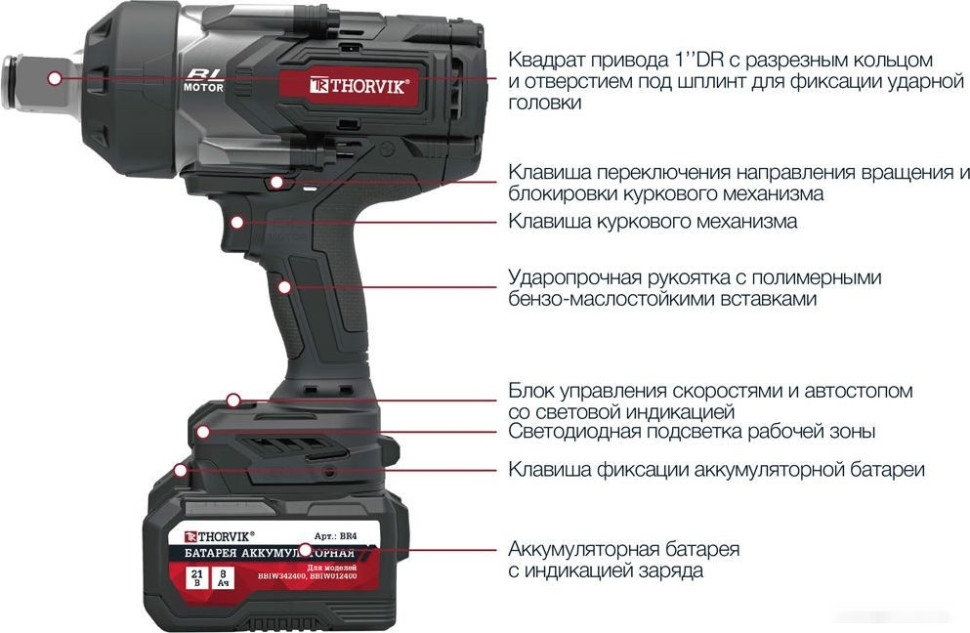 Гайковерт Thorvik BBIW012400 (с 2-мя АКБ, кейс)