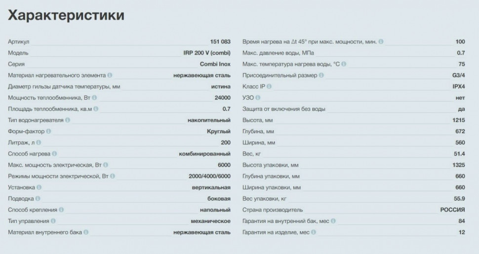 Водонагреватель Thermex IRP 200 V Combi