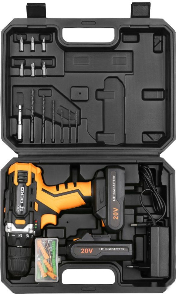Дрель-шуруповерт Deko DKCD20FU-Li SET 63 063-4093 (с 2-мя АКБ, кейс, набор оснастки)