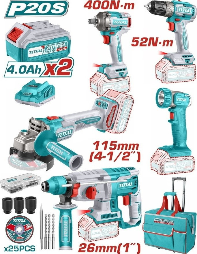 Total TCKLI2058 (шуруповерт, гайковерт, перформатор, болгарка, фонарь, 2 АКБ, сумка)