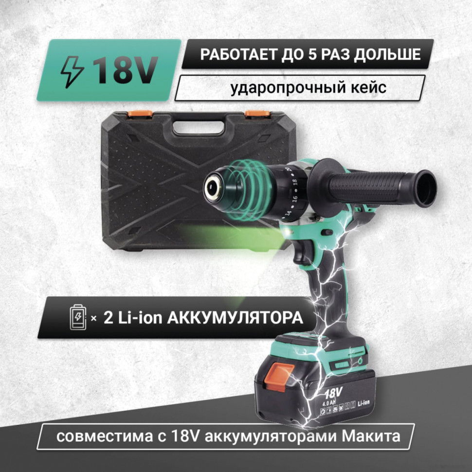 Ударная дрель-шуруповерт Zitrek Green Impact 18V 063-4045 (с 2-мя АКБ, кейс)