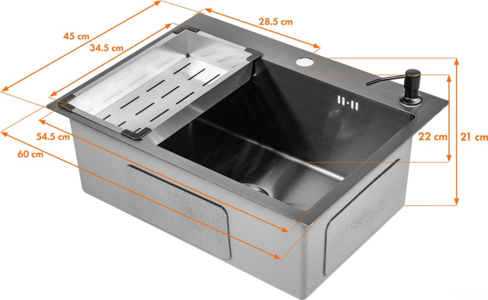 Кухонная мойка Saniteco 6045 Nano (с сифоном, дозатором и коландером)