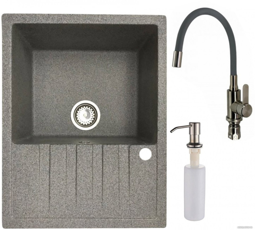 Кухонная мойка БелЭворс Vega L + смеситель W74004-9 + дозатор L405-1 (серый/сатин)