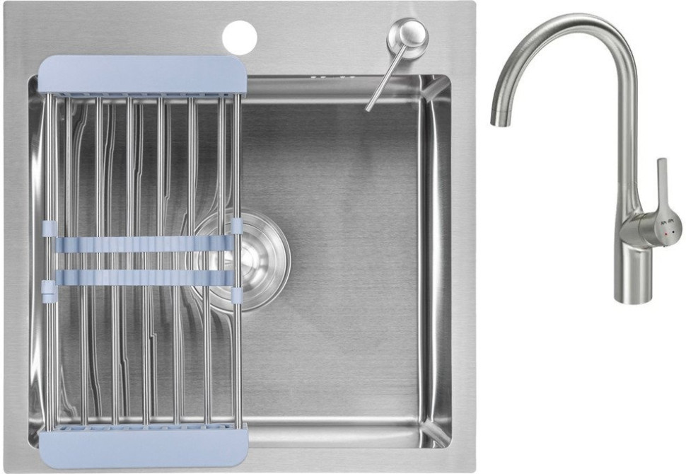 Кухонная мойка Saniteco 4848 + Spike F9S07011 (сатин, с сифоном, дозатором и коландером)