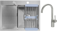 Кухонная мойка Saniteco 6550-R + Spike F9S07011 (сатин, с сифоном, дозатором и коландером)
