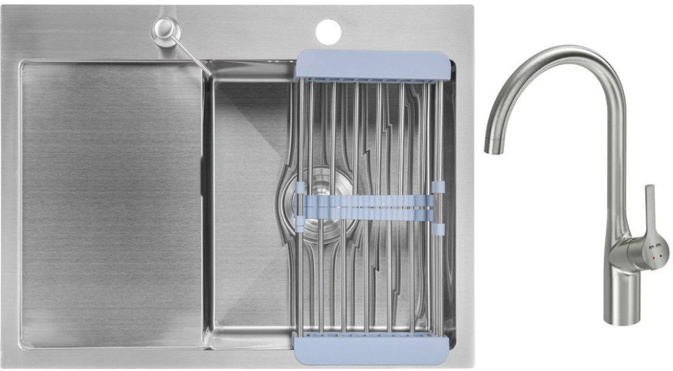 Кухонная мойка Saniteco 6550-R + Spike F9S07011 (сатин, с сифоном, дозатором и коландером)
