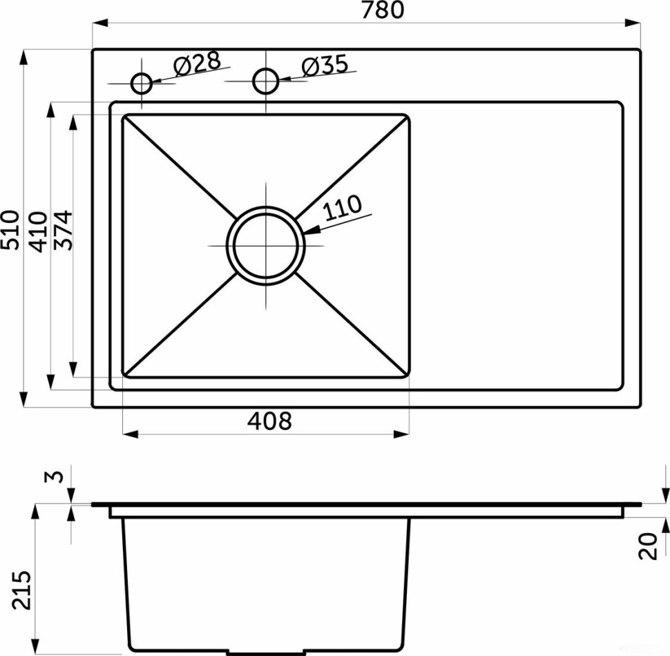 Кухонная мойка AKS Прямоугольная 78x51 левая (сатин никель)
