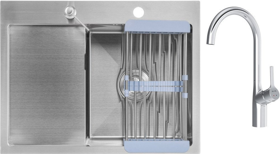 Кухонная мойка Saniteco 6550-R + Spike F9S07000 (хром, с сифоном, дозатором и коландером)
