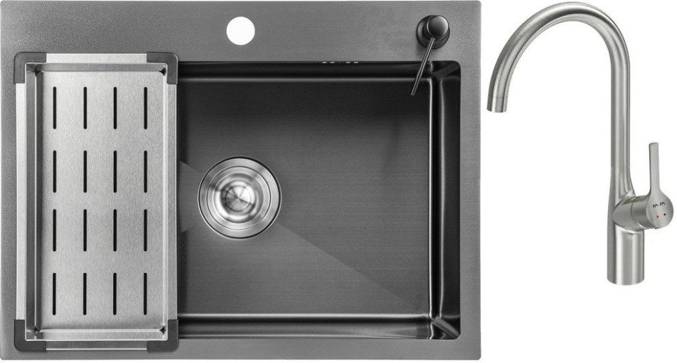 Кухонная мойка Saniteco 6045 Nano + Spike F9S07011 (сатин, с сифоном, дозатором и коландером)