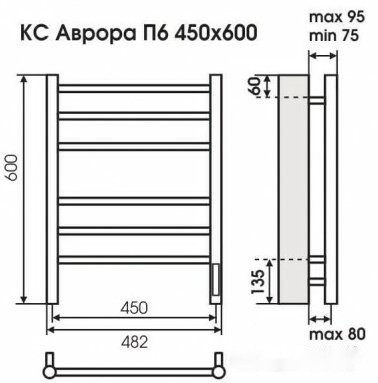 Полотенцесушитель Terminus Аврора электро КС П6 с диммером (450x600, черный)