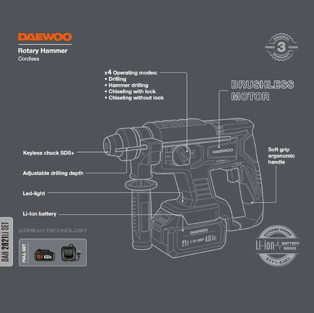 Перфоратор Daewoo Power DAH 2821 Li Set (с 1-им АКБ, кейс)