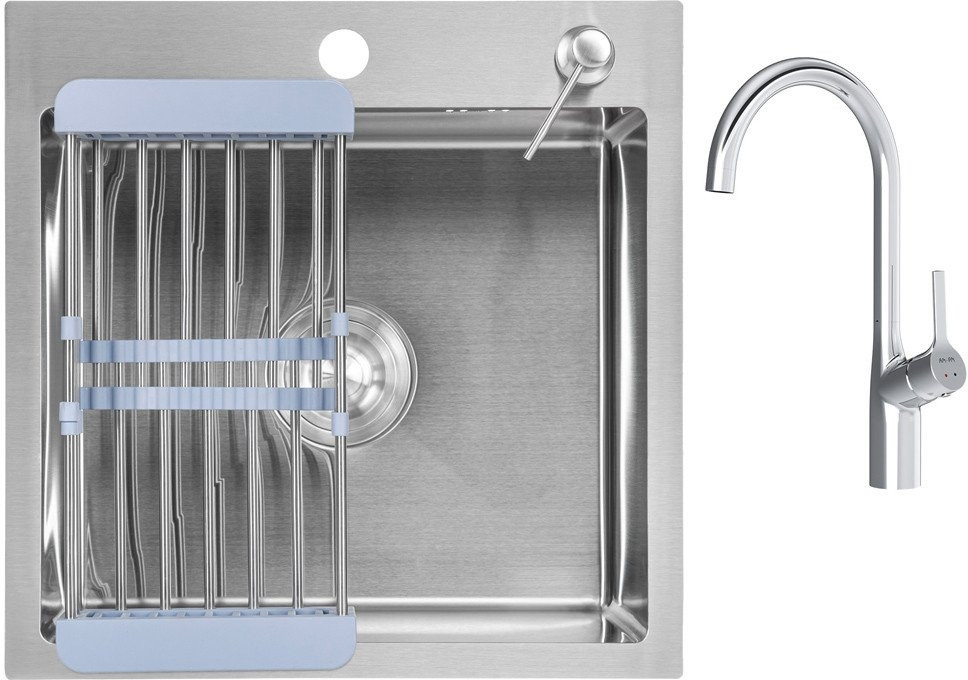 Кухонная мойка Saniteco 4848 + Spike F9S07000 (хром, с сифоном, дозатором и коландером)