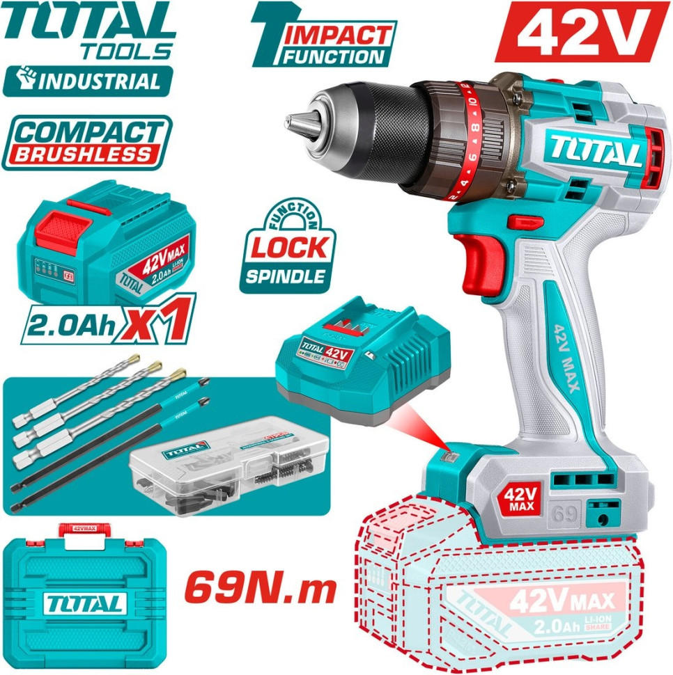 Ударная дрель-шуруповерт Total TIDLI426981 (с 1-им АКБ, кейс)