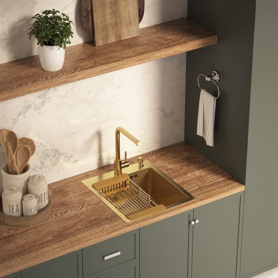 Кухонная мойка Basic CL DS Decor 45x50 (золото, коландер, дозатор)