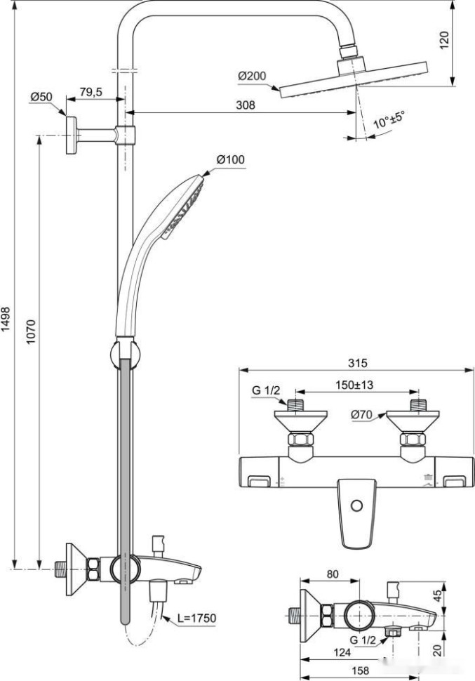 Душевая система Ideal Standard Ceratherm T25 A7590AA