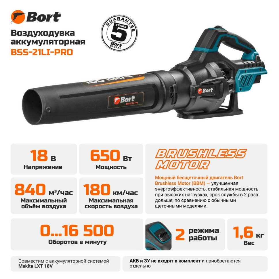 Ручная воздуходувка BORT BSS-21Li-Pro 93414301 (без АКБ)